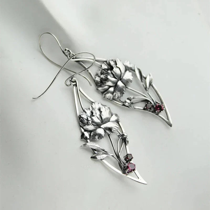Boho Floral Earrings With Crystals In Sterling Silver