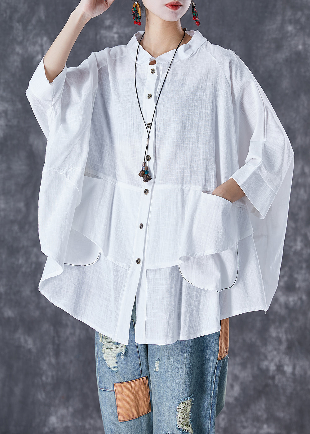 Black Stand Collar Patchwork Linen Shirt Tops Batwing Sleeve