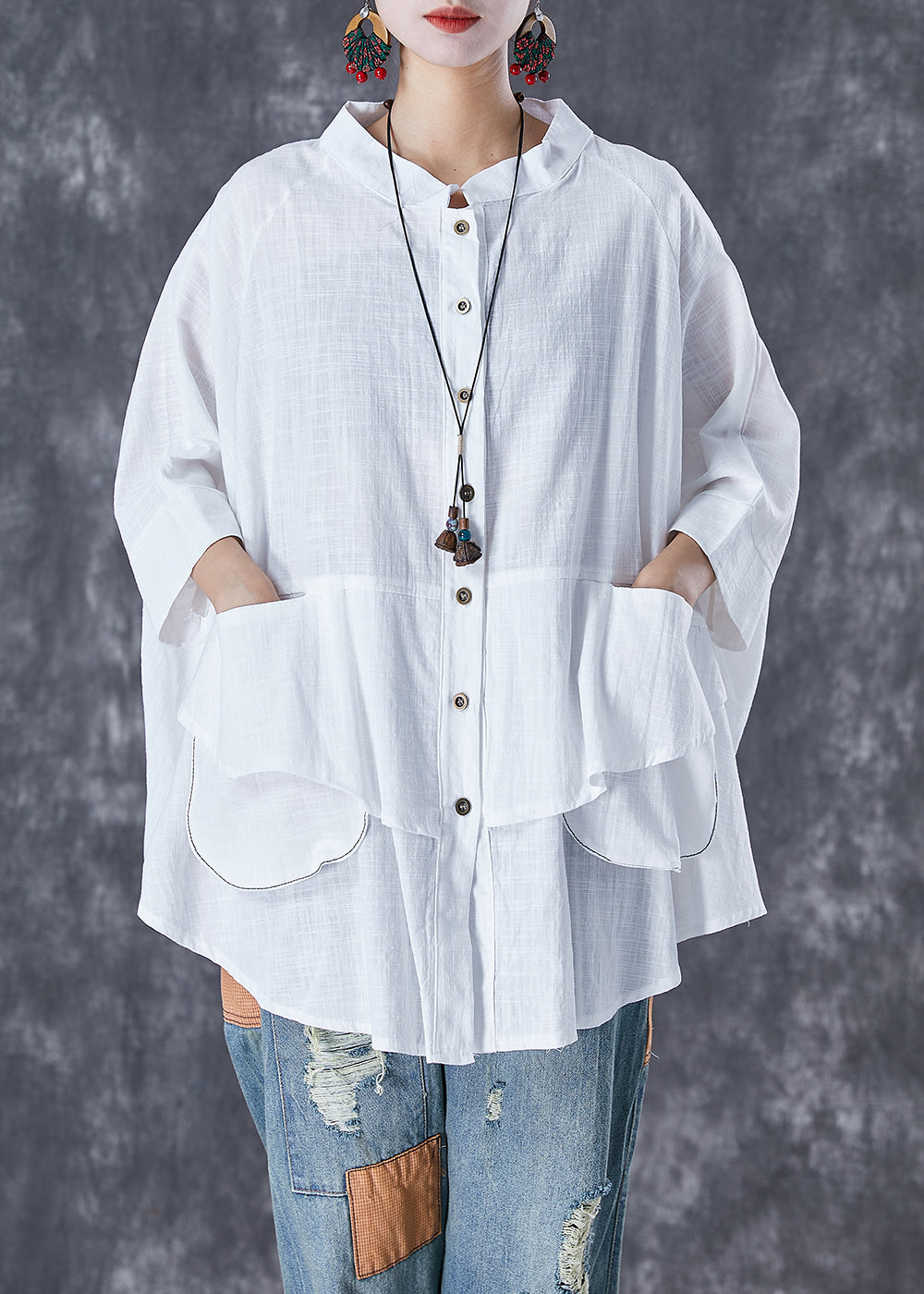 Black Stand Collar Patchwork Linen Shirt Tops Batwing Sleeve