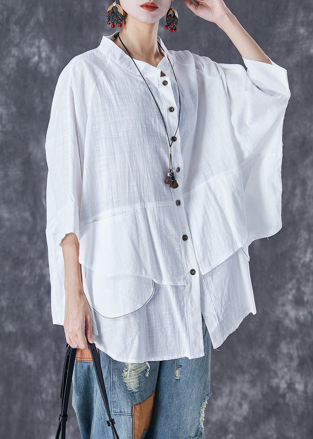 Black Stand Collar Patchwork Linen Shirt Tops Batwing Sleeve