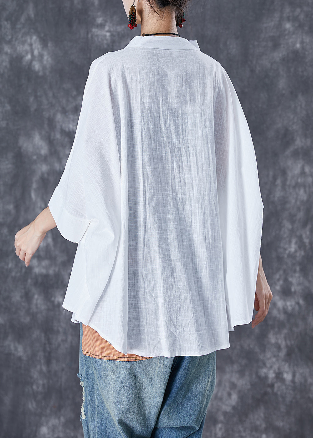 Black Stand Collar Patchwork Linen Shirt Tops Batwing Sleeve