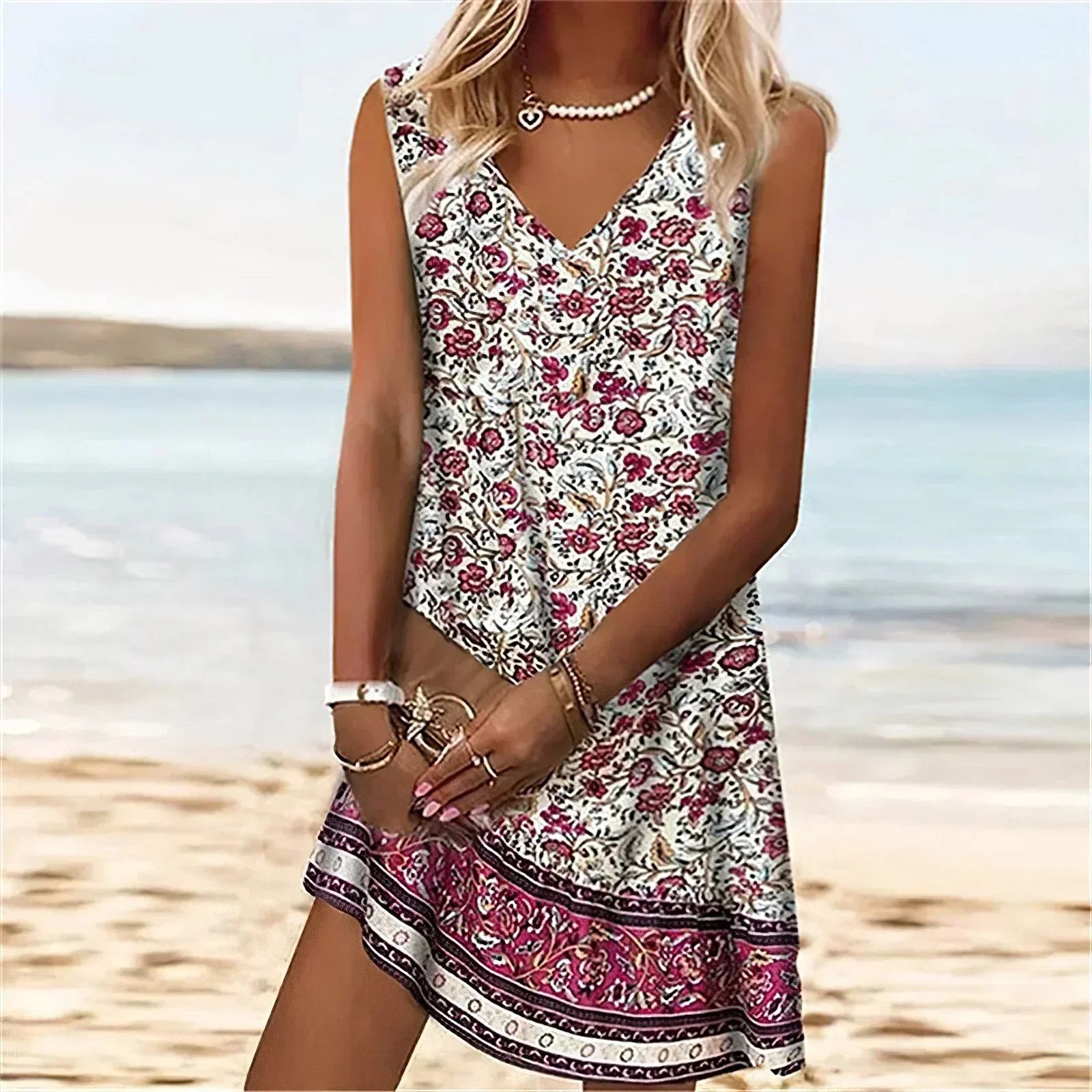 Sleeveless mini dress with V-neckline