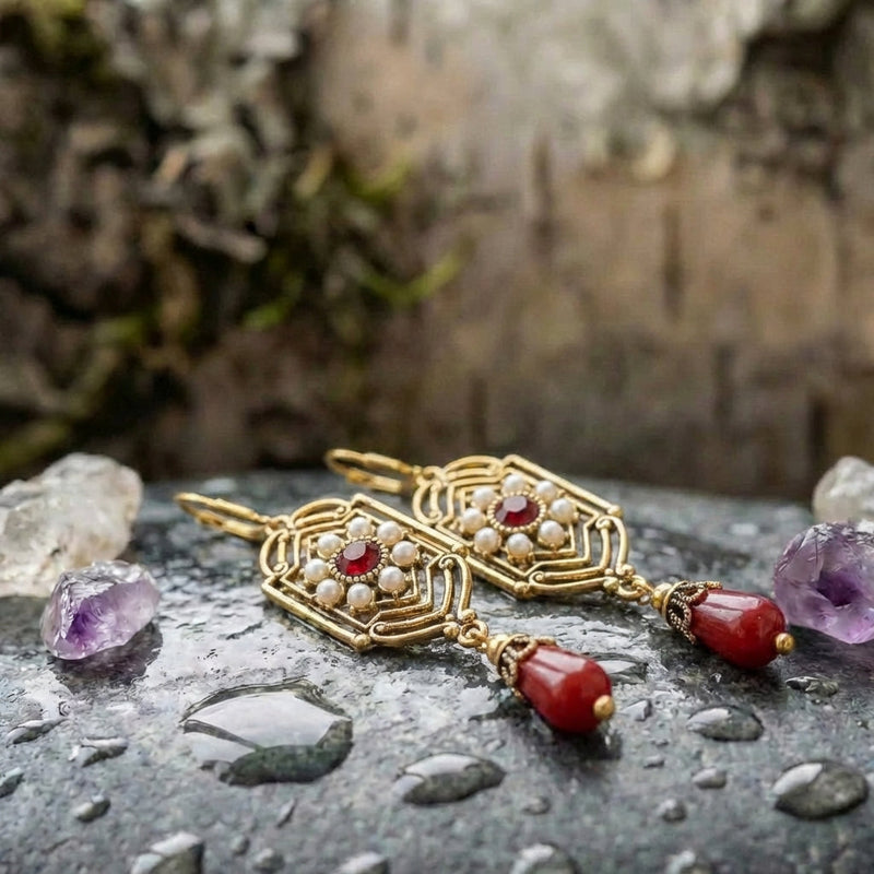 Regal Pearl Red Waterdrop Stone Earrings