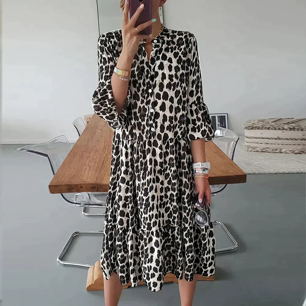 Midi dress with leopard print, button placket and 3/4 sleeves