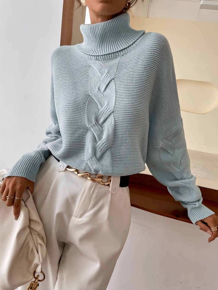 Cotton Cable Knit Sweater with Center Braid Detail and Turtleneck