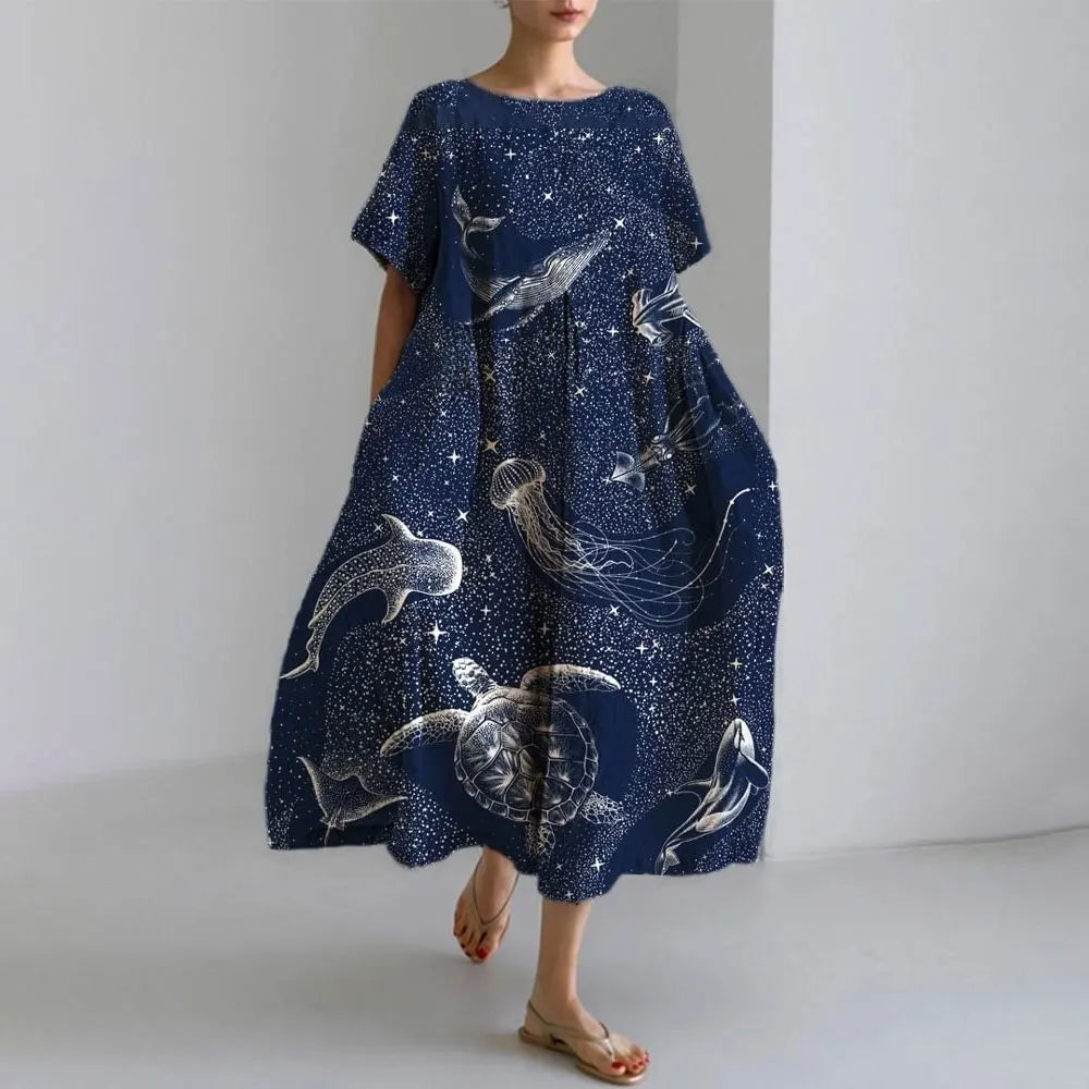 Plus-size loose fit summer dress with pocket & O-neck Elegant summer maxi dress
