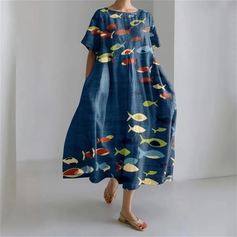Plus-size loose fit summer dress with pocket & O-neck Elegant summer maxi dress