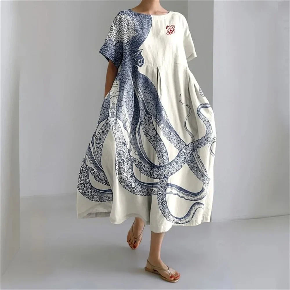 Plus-size loose fit summer dress with pocket & O-neck Elegant summer maxi dress