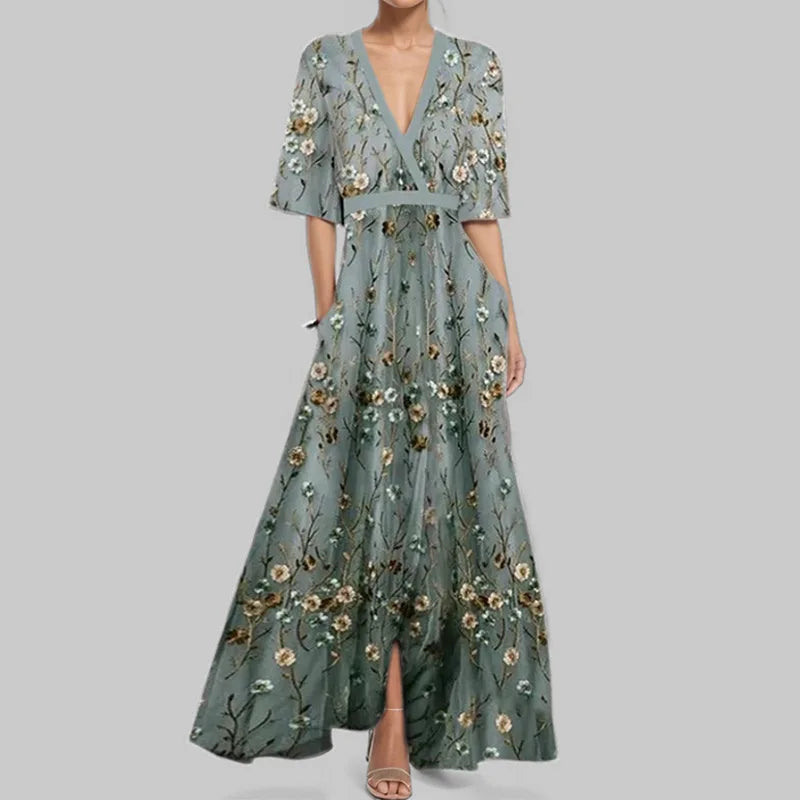 Spring Summer Women Fashion V Neck Strap Party Long Dress Print Sexy Boho Maxi Dresses Short Sleeve Bag Femlae Vacation