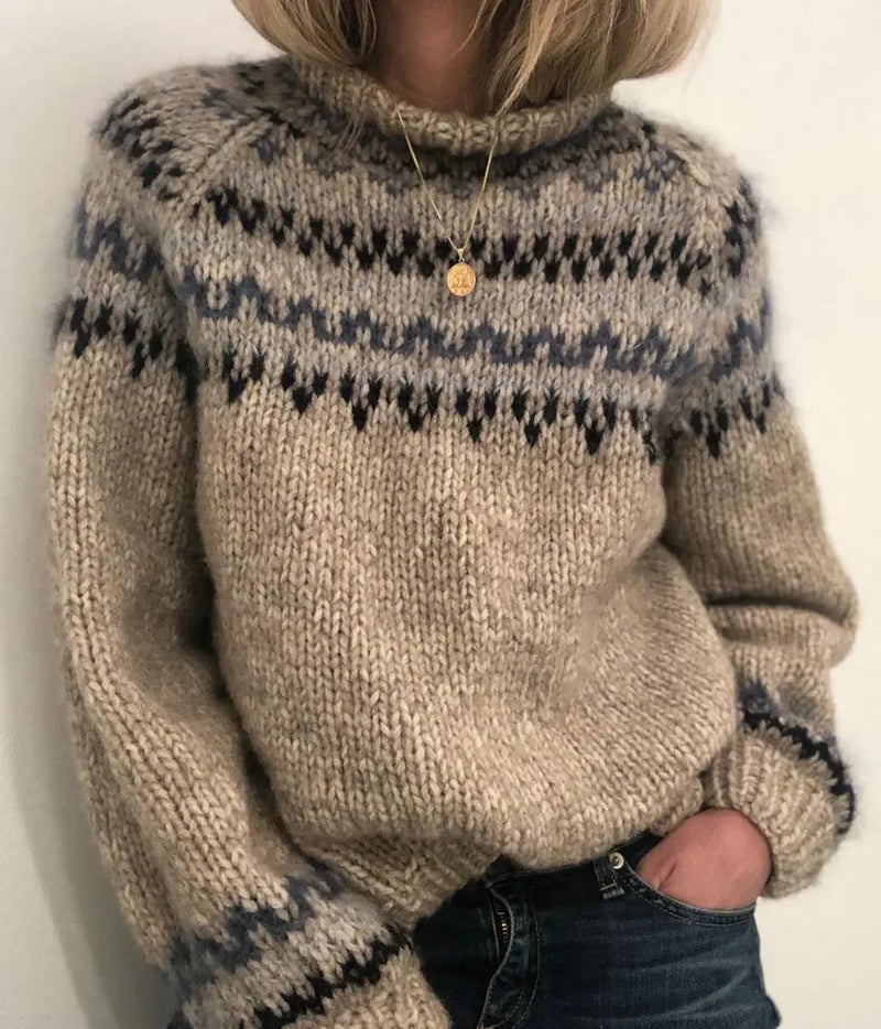 Cotton Sweater with Mixed Neutral Fair Isle Pattern