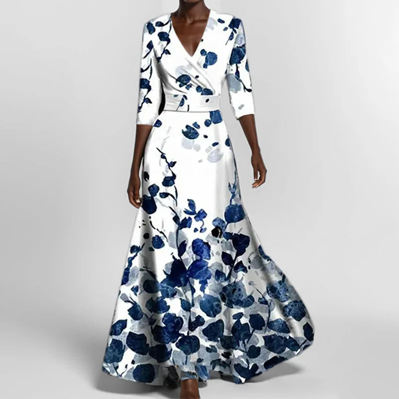 Spring Summer Women Fashion V Neck Belted Party Long Dress Sexy Print Boho Maxi Dresses Short Sleeve Bag Femlae Vacation