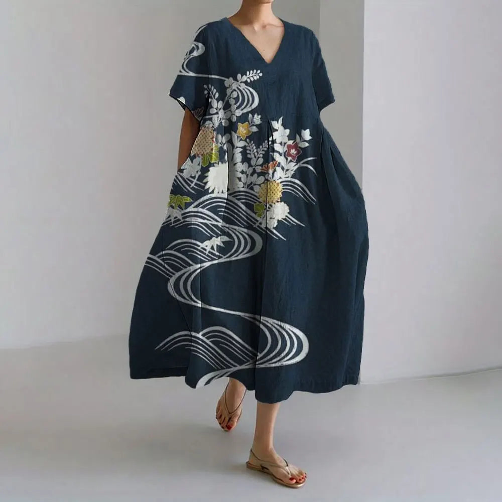 Plus-size loose fit summer dress with pocket & O-neck Elegant summer maxi dress