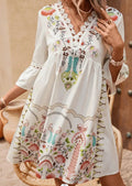 2025 Women's Summer Vacation Dress V-Neck Long Sleeve Floral Print Beach Party Dress Sexy Mini Clothing for Women Vestidos
