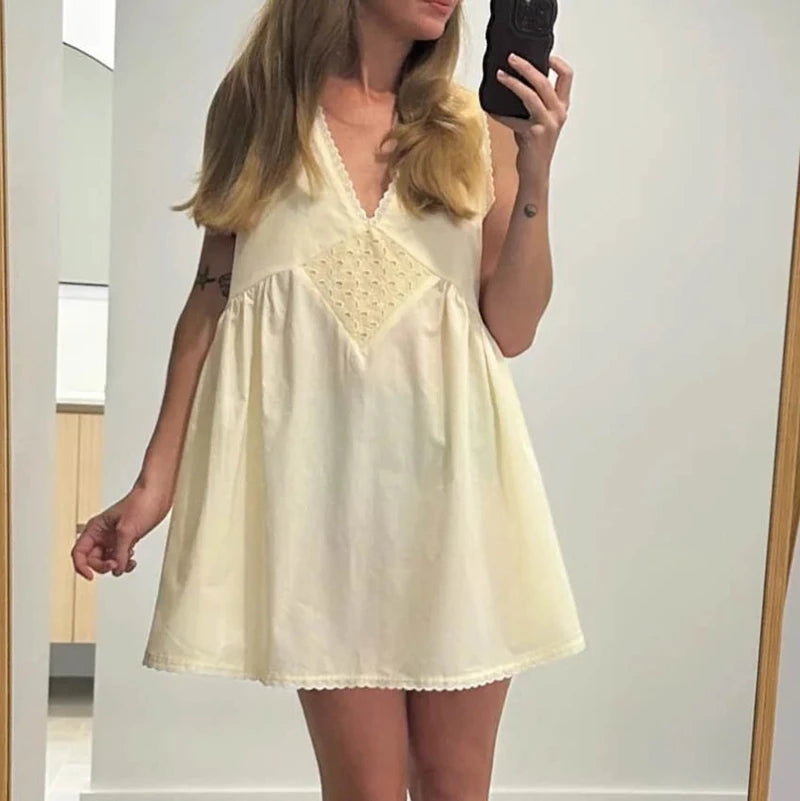 Lace Trim V Neck Flowy A-line Mini Dress