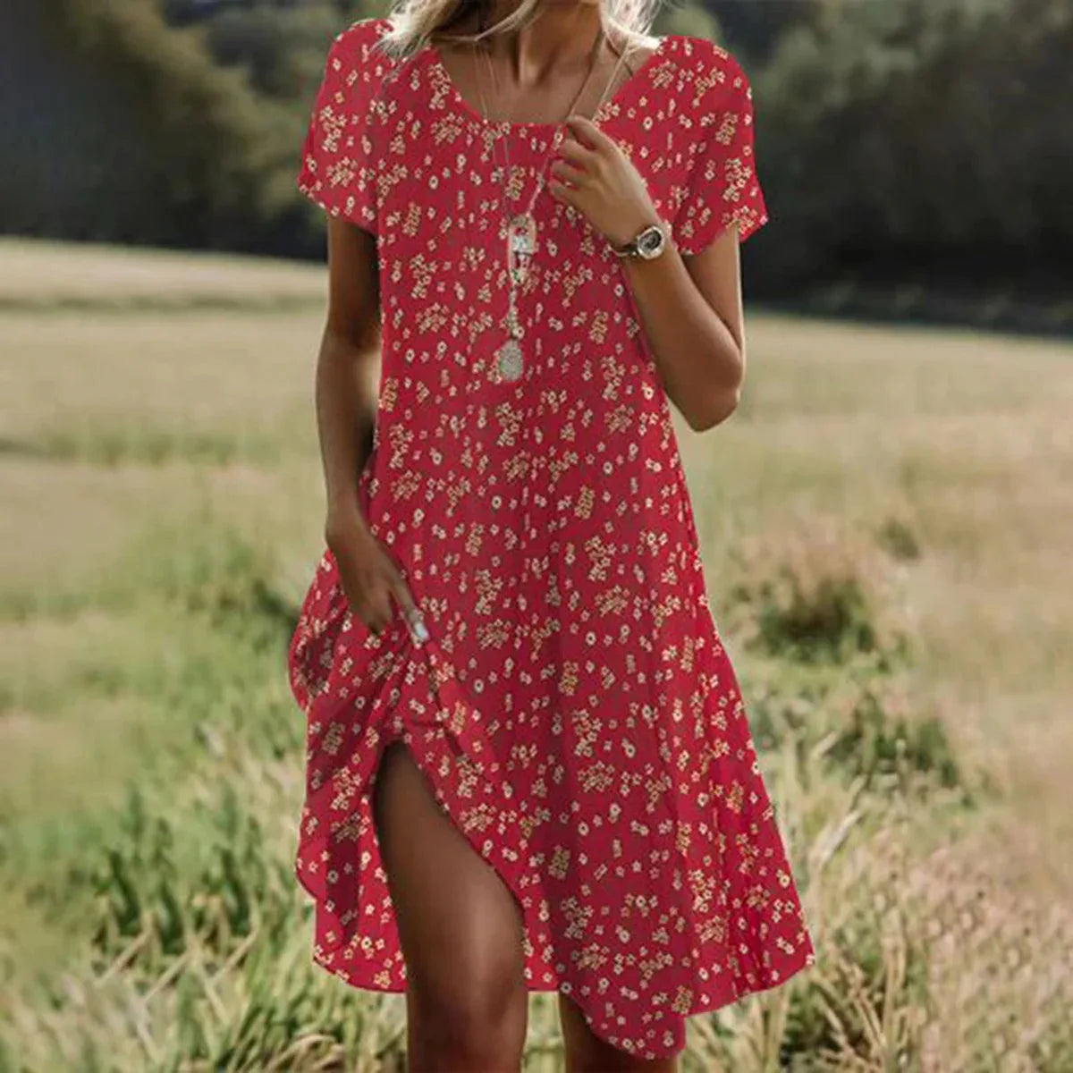 Summer Bohemian Dresses for Women V-Neck Short Sleeve Flower Printed Beach Vacation Dress Women Maxi Dresses Boho