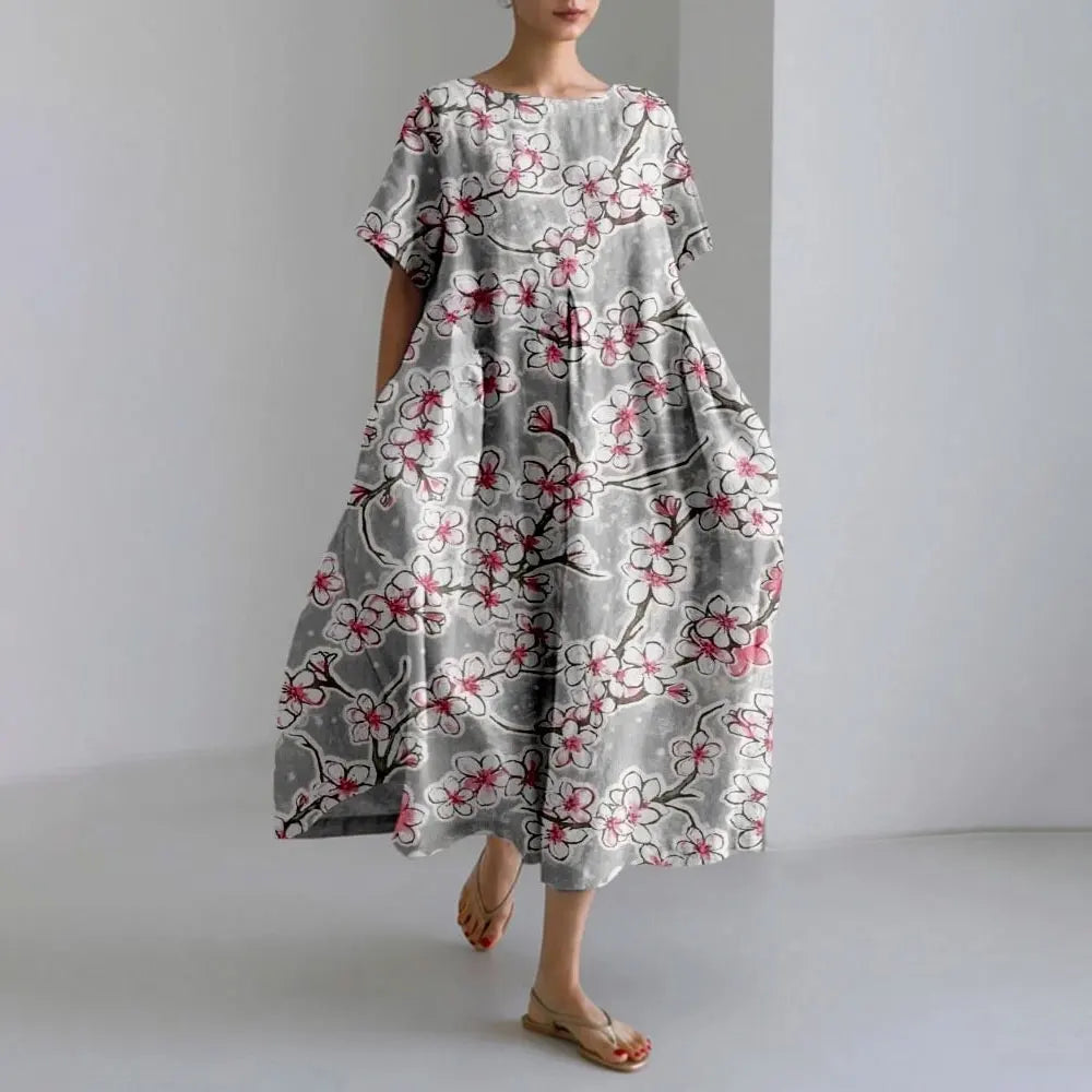 Plus-size loose fit summer dress with pocket & O-neck Elegant summer maxi dress