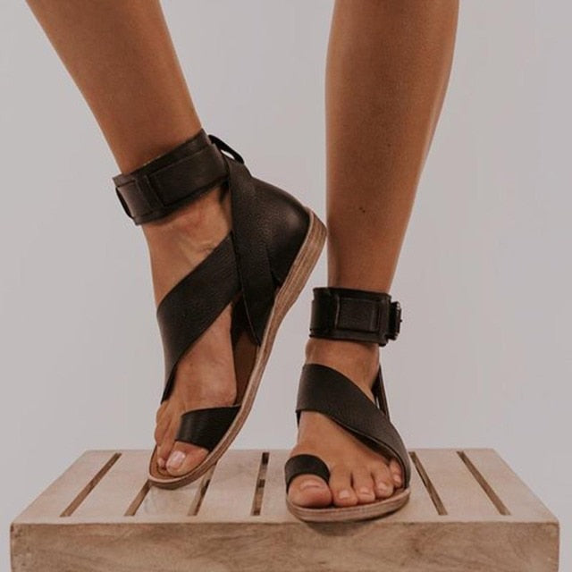 Cross strap ankle wrap toe ring sandals