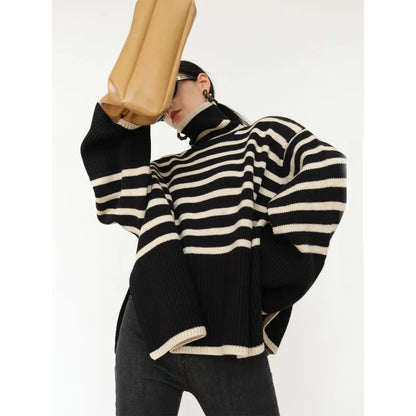 Cotton Turtleneck Sweater with Bold Diagonal Stripes and Asymmetric Hem