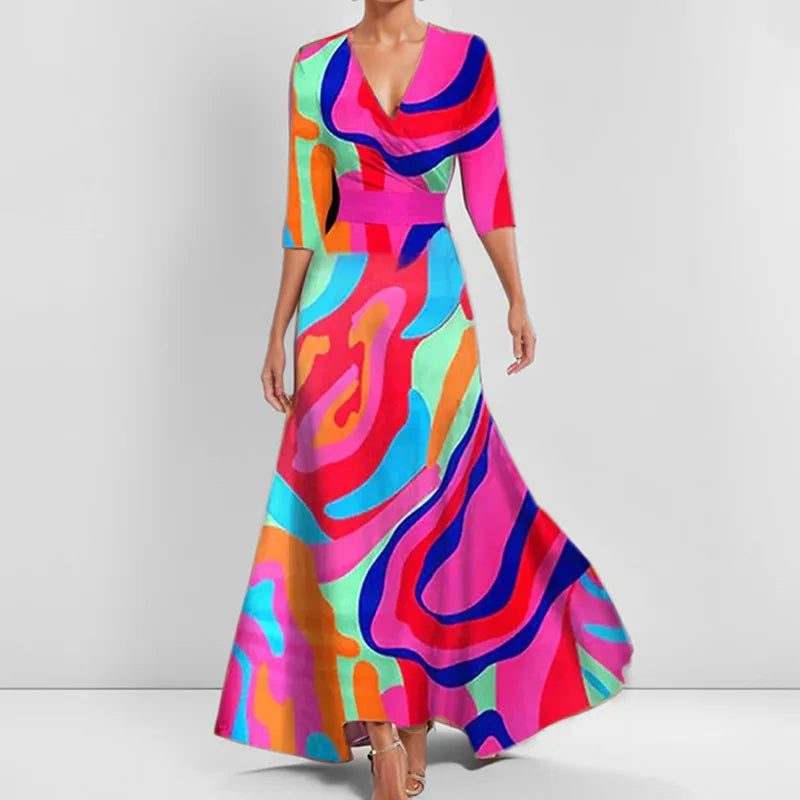 Spring Summer Women Fashion V Neck Strap Party Long Dress Print Sexy Boho Maxi Dresses Short Sleeve Bag Femlae Vacation