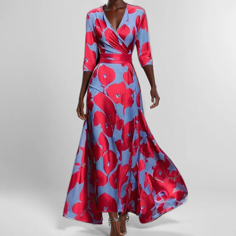 Spring Summer Women Fashion V Neck Belted Party Long Dress Sexy Print Boho Maxi Dresses Short Sleeve Bag Femlae Vacation