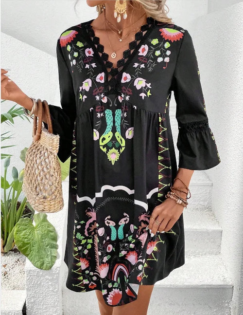 2025 Women's Summer Vacation Dress V-Neck Long Sleeve Floral Print Beach Party Dress Sexy Mini Clothing for Women Vestidos
