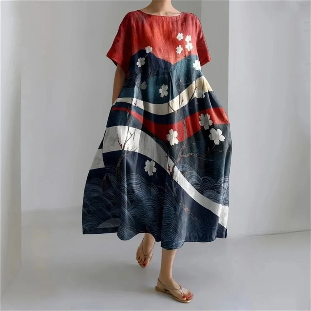 Plus-size loose fit summer dress with pocket & O-neck Elegant summer maxi dress