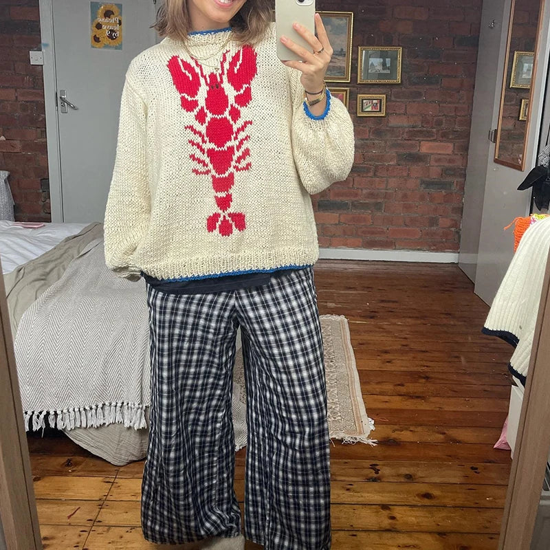 Lobster Patterm Knitted Pullovers Autumn Winter Long Sleeve Knitwear 90s Grunge Preppy Style Y2k Sweater Clothes