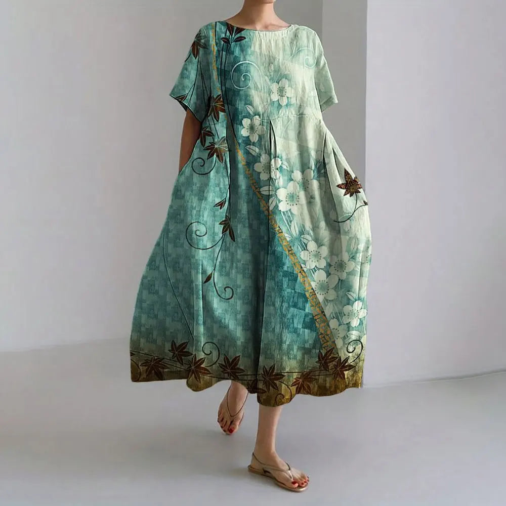 Plus-size loose fit summer dress with pocket & O-neck Elegant summer maxi dress