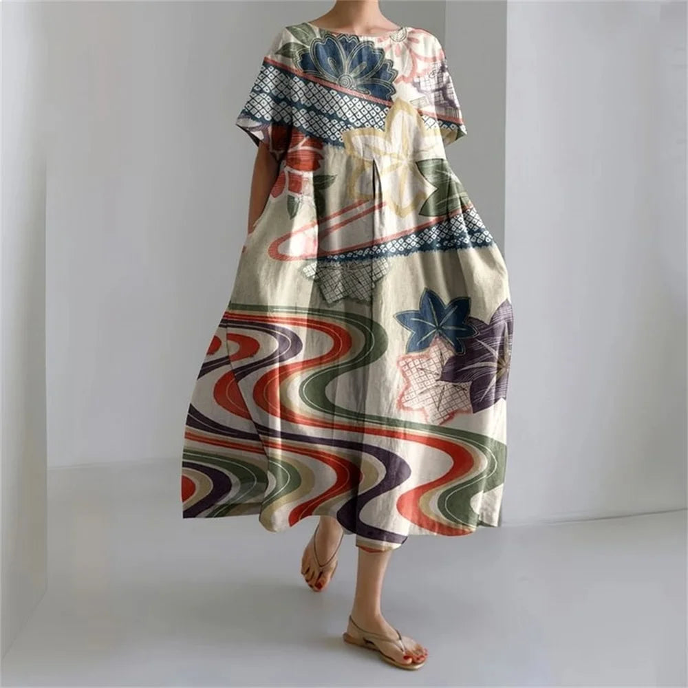 Plus-size loose fit summer dress with pocket & O-neck Elegant summer maxi dress
