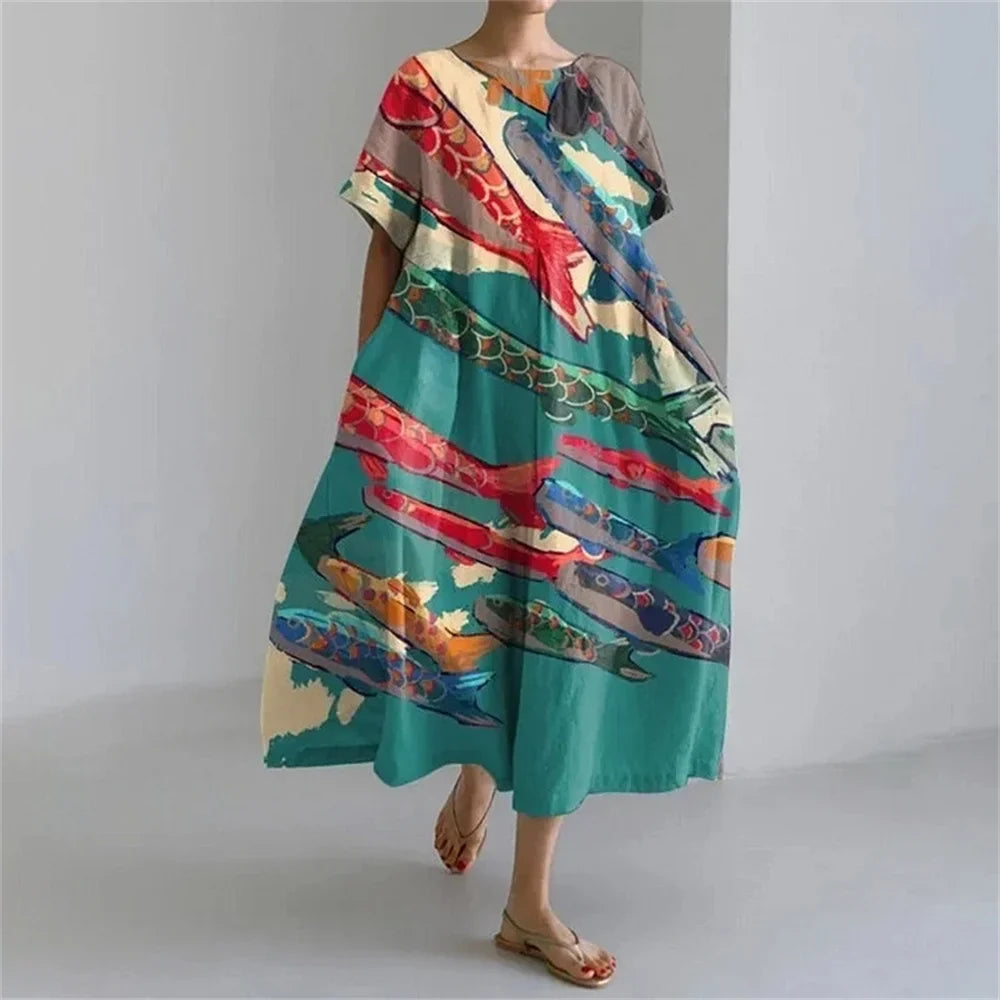 Plus-size loose fit summer dress with pocket & O-neck Elegant summer maxi dress