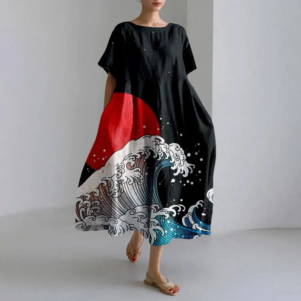 Plus-size loose fit summer dress with pocket & O-neck Elegant summer maxi dress
