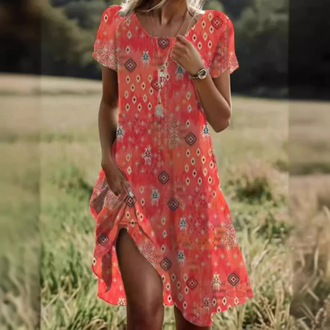 Summer Bohemian Dresses for Women V-Neck Short Sleeve Flower Printed Beach Vacation Dress Women Maxi Dresses Boho