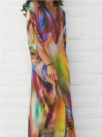 V Neck Side Open Silk Holiday Dress Summer