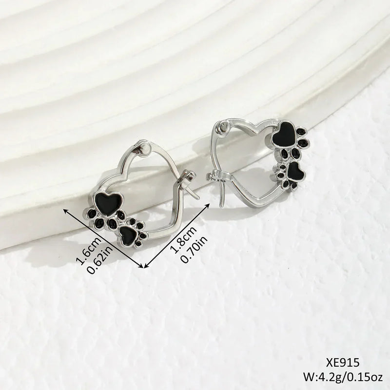 Heart Paw Huggie Earrings With Black Enamel