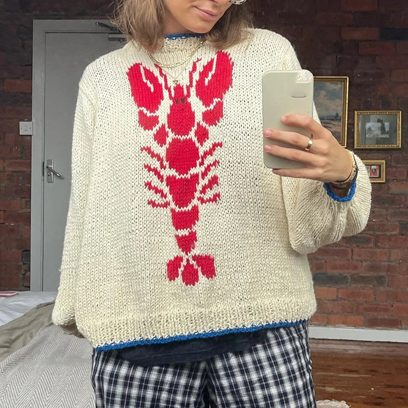 Lobster Patterm Knitted Pullovers Autumn Winter Long Sleeve Knitwear 90s Grunge Preppy Style Y2k Sweater Clothes