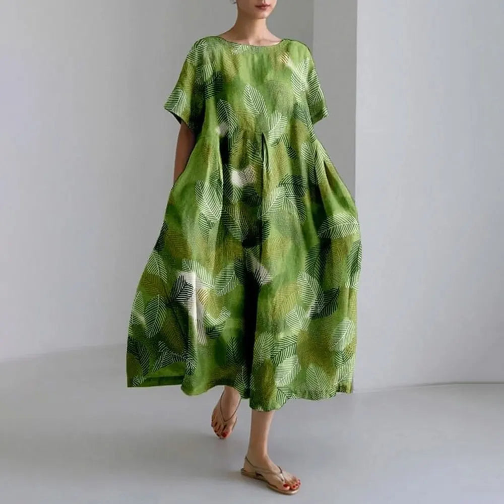 Plus-size loose fit summer dress with pocket & O-neck Elegant summer maxi dress