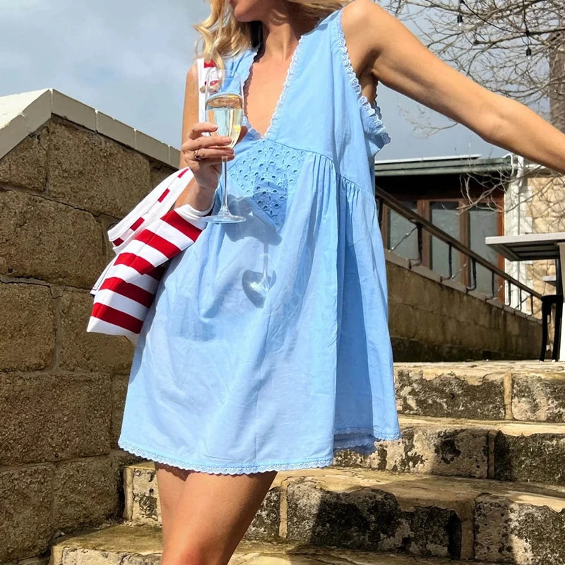 Lace Trim V Neck Flowy A-line Mini Dress
