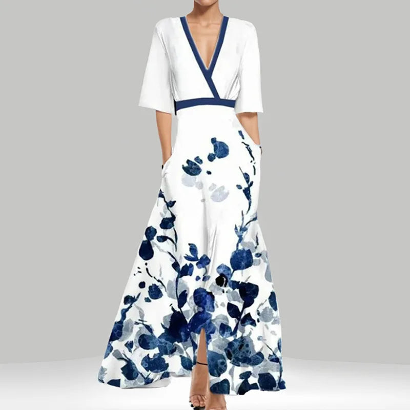 Spring Summer Women Fashion V Neck Belted Party Long Dress Sexy Print Boho Maxi Dresses Short Sleeve Bag Femlae Vacation