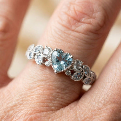 Silver Leaf Heart Blue Stone Ring