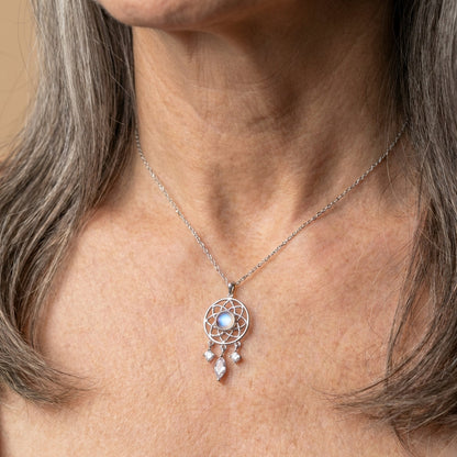 Silver Moon Crystal Dreamcatcher Necklace
