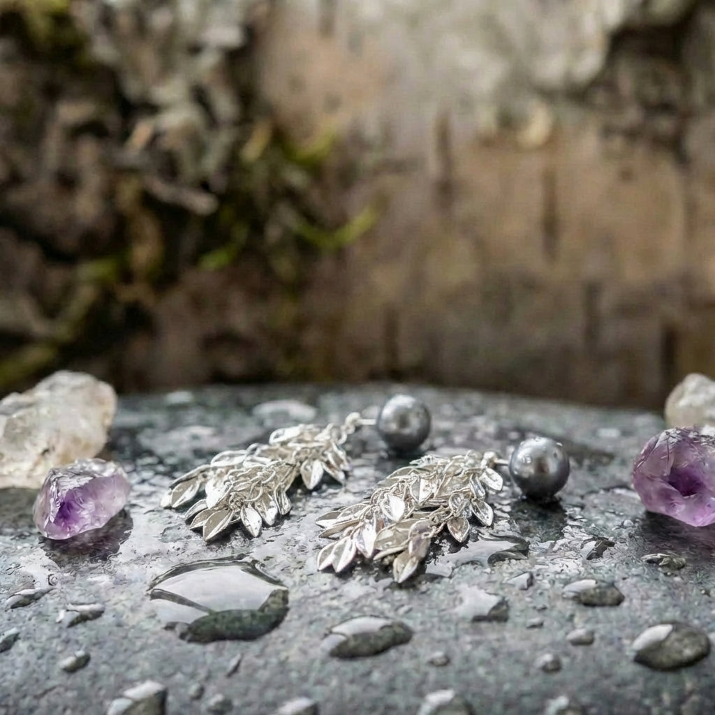 Silver Pearl Leaf Dangle Earrings