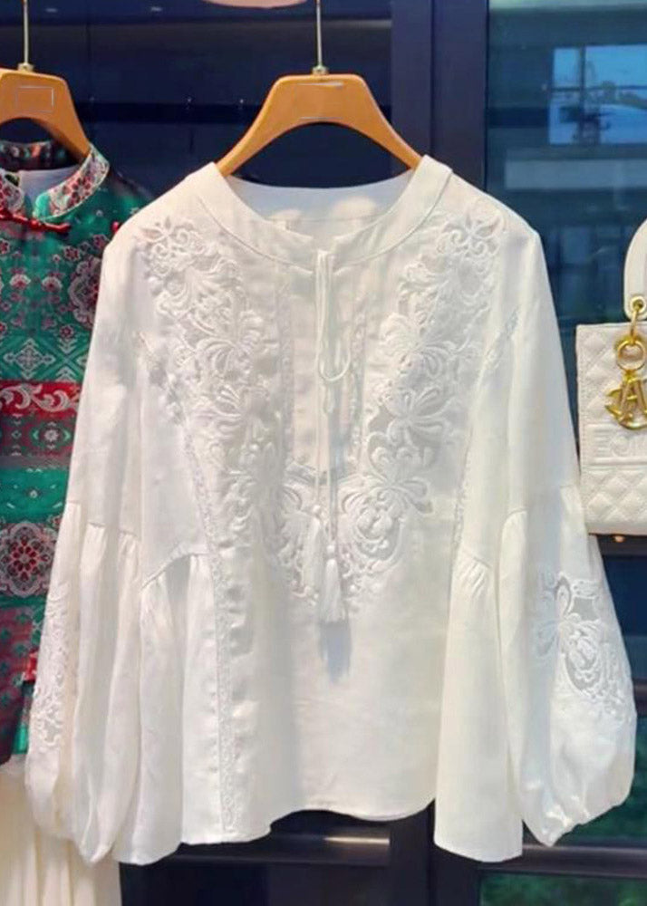 Simple White O-neck Embroidered Top Lantern Sleeve