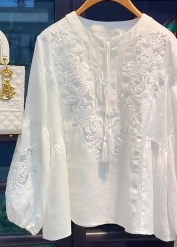 Simple White O-neck Embroidered Top Lantern Sleeve