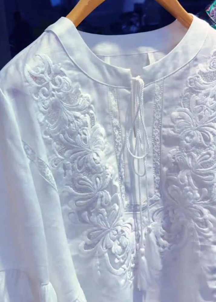 Simple White O-neck Embroidered Top Lantern Sleeve