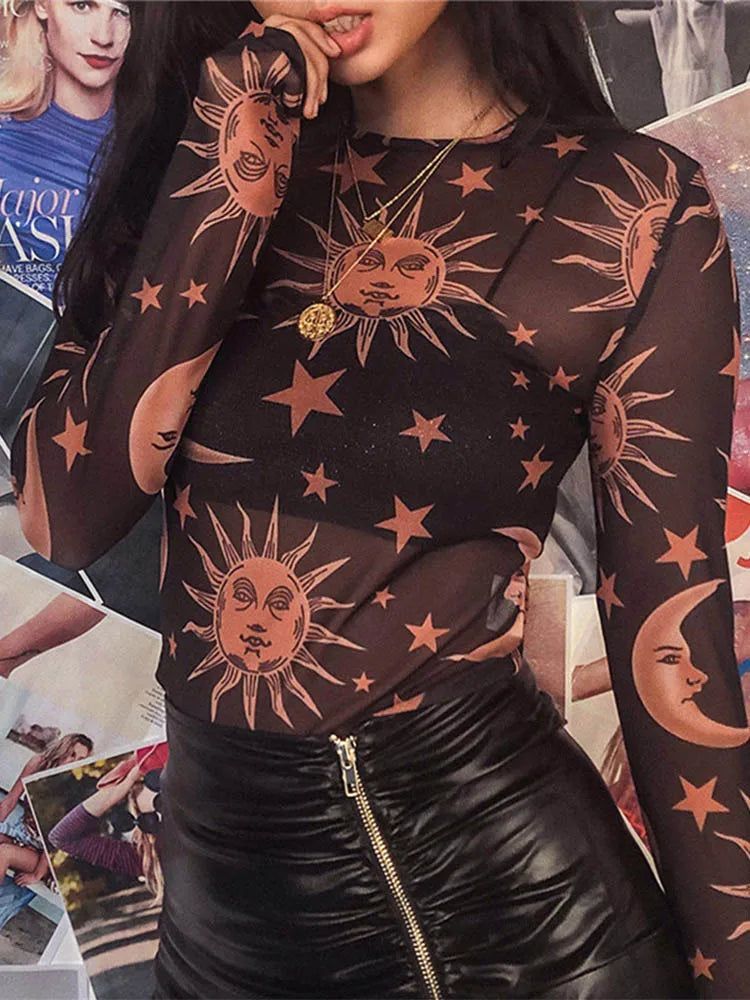 Sun Moon Printed Transparent Mesh T-shirt O-neck Long Sleeve Slim Basic Female Tops Spring New