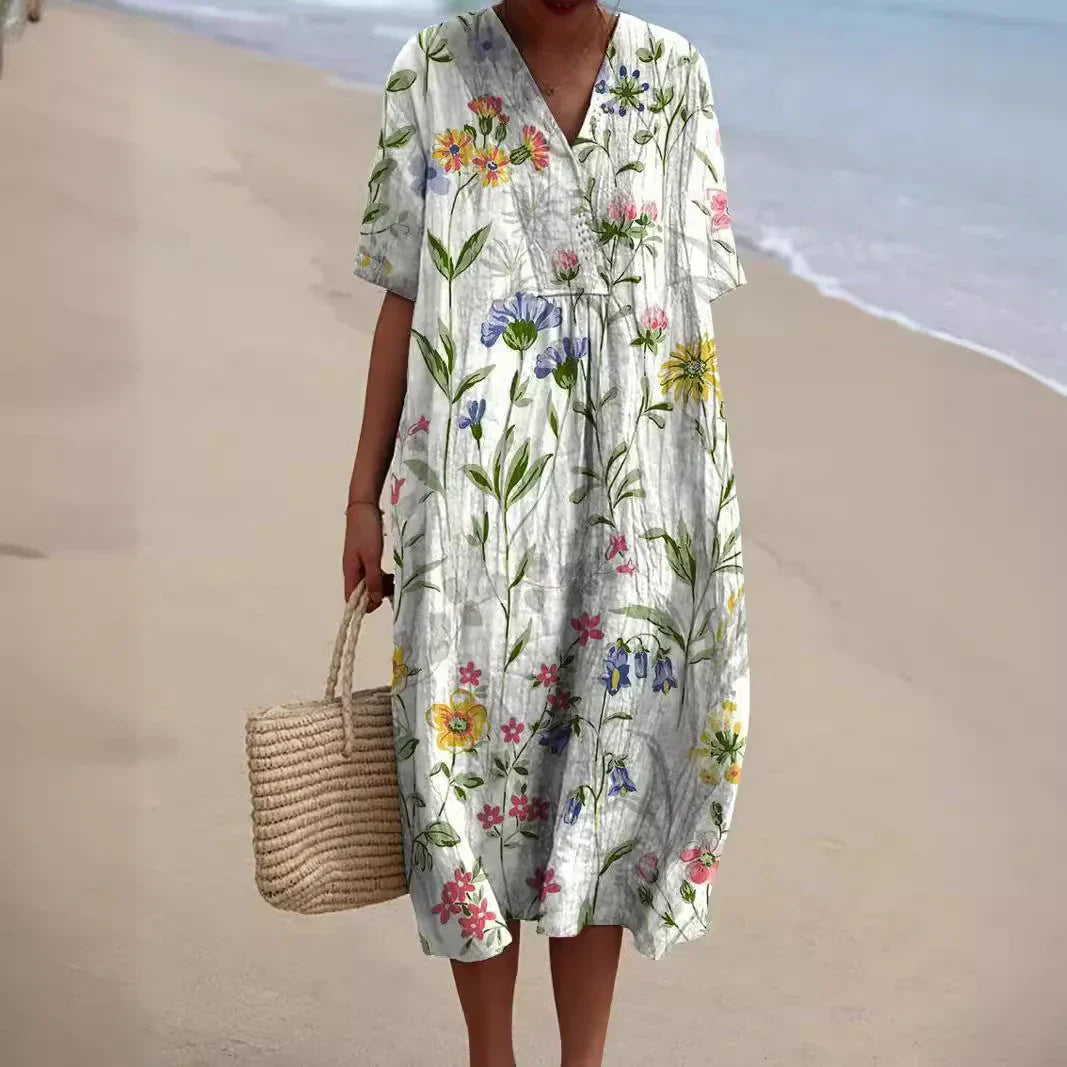 Midi dress with bohemian floral pattern