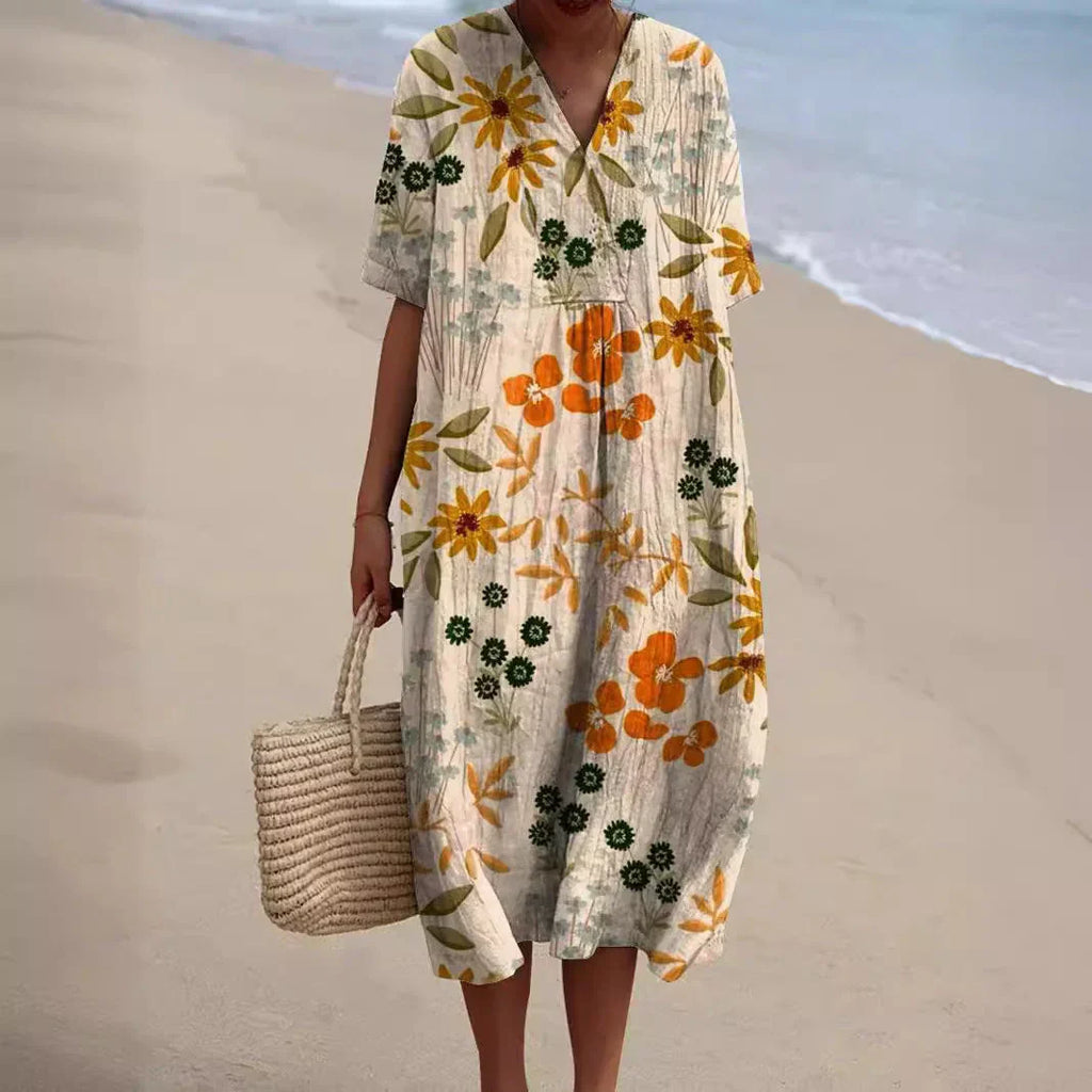 Midi dress with bohemian floral pattern