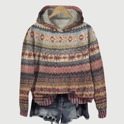 Cotton Hoodie with Multi-Colored Fair Isle Pattern