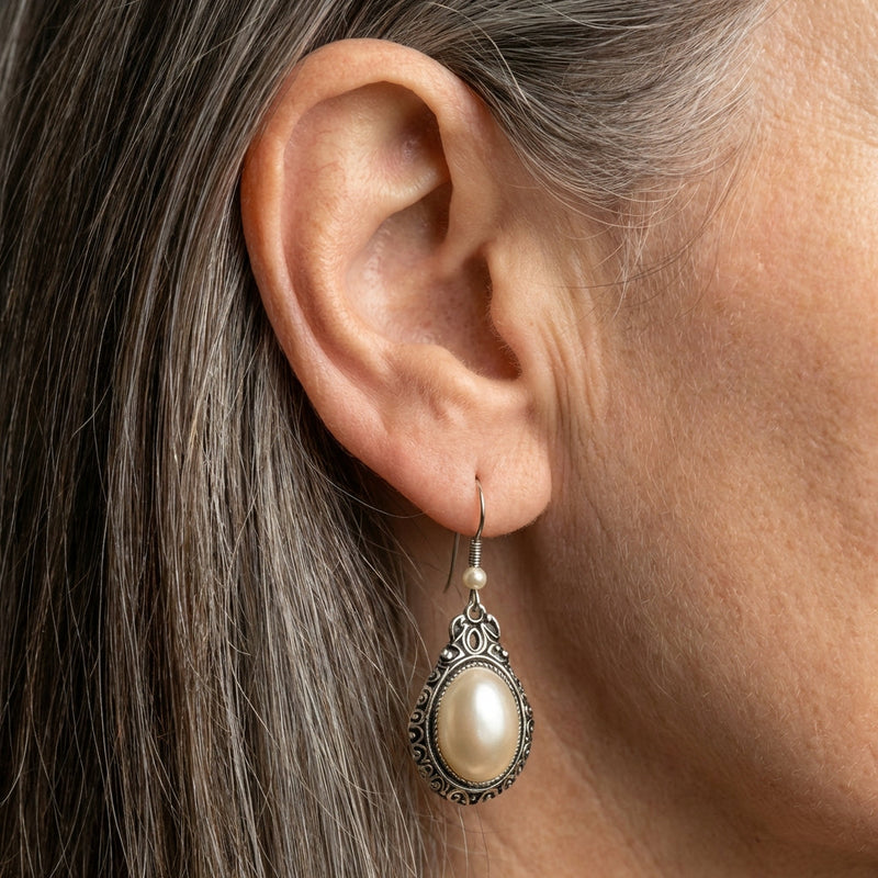 A Inspired Sterling Silver Pearl Drop Earring Set