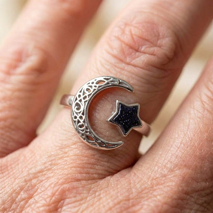Vintage Adjustable Silver Moon And Star Ring